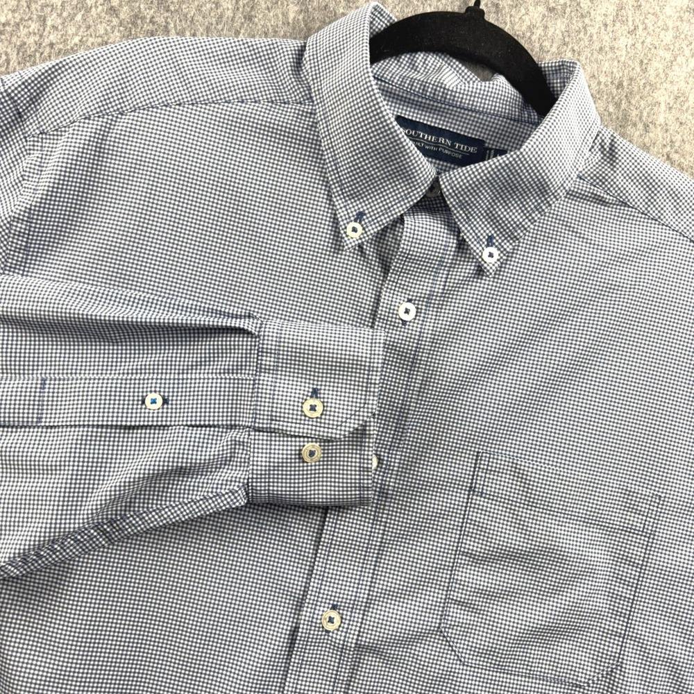 Southern Tide Men's L Blue White Single Chest Pocket Curved Hem Charleston Shirt